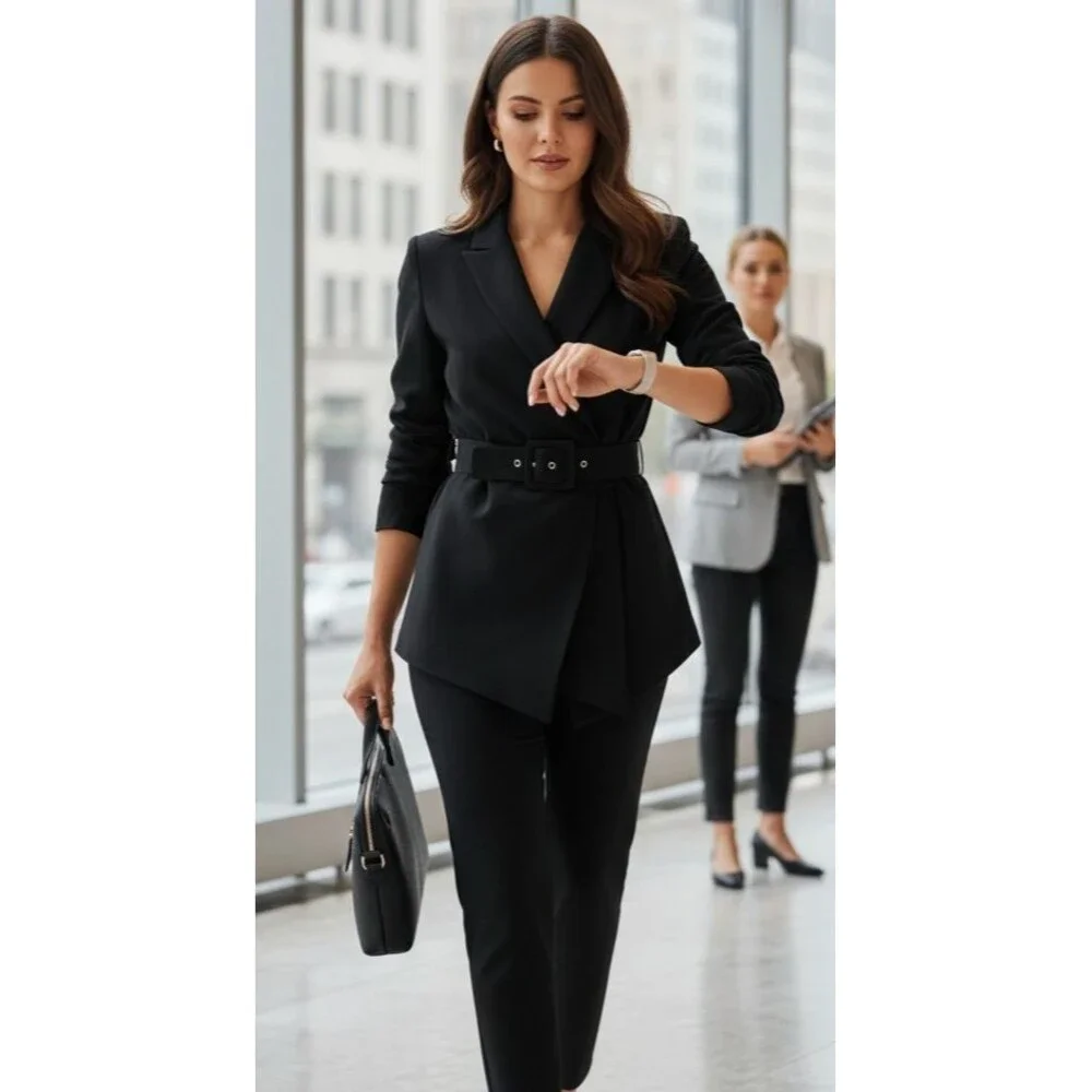 DESIGNER TAHARI ASL NAVY BLUE BELTED LONG SLEEVE BLAZER SIZE 14.R - Picture 12 of 16